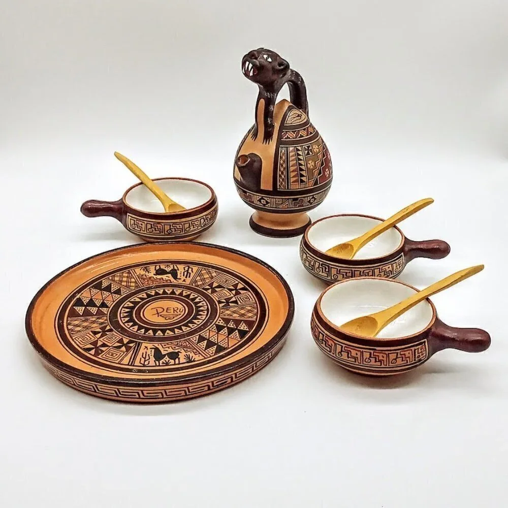 Vintage Peruvian Terra Cotta Chicha Jaguar Jug Serving Set